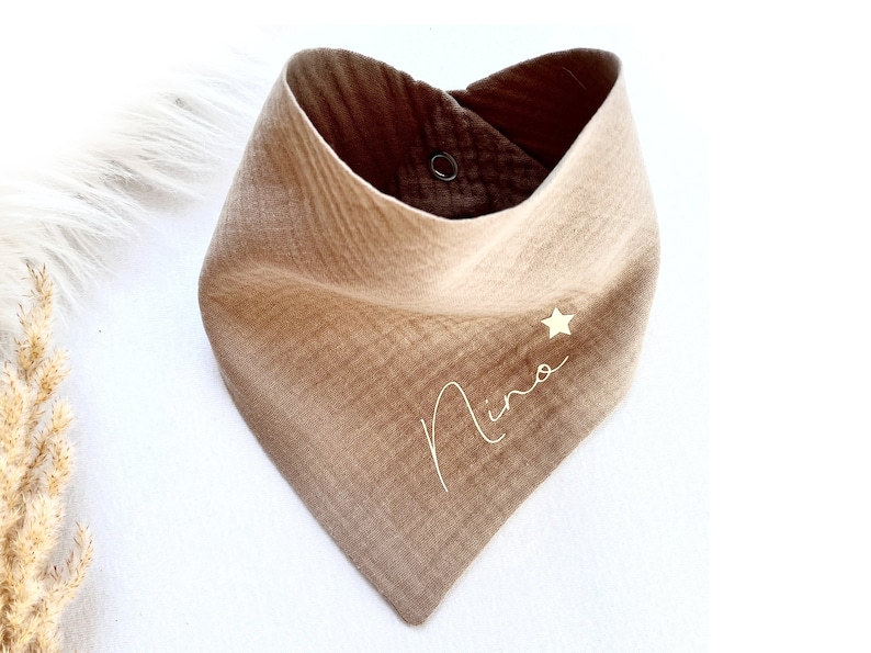 Halstuch mit Name Dreieckstuch Babyhalstuch Musselintuch Mulltuch /Musselin 100% Baumwolle Öko-Tex 100 /Baby Kind personalisiert Camel