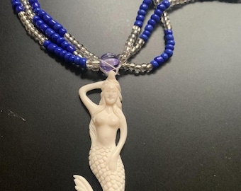 Unique Luxuriously Customized One Of A Kind Ileke Yemoja with hand carved bone  Mermaid Pendant Yemaya beads Yemonja necklace