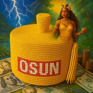 Może przedstawiać: Żółty pojemnik z koralików z napisem "OSUN" w czerwonych i białych literach. W tle częściowo widoczna jest kobieta w koronie i złotych ozdobach.