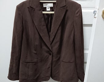Size 14W silk linen blend brown blazer soft luxurious XL suit jacket peaked lapels single vent welted pockets classy breathable steampunk