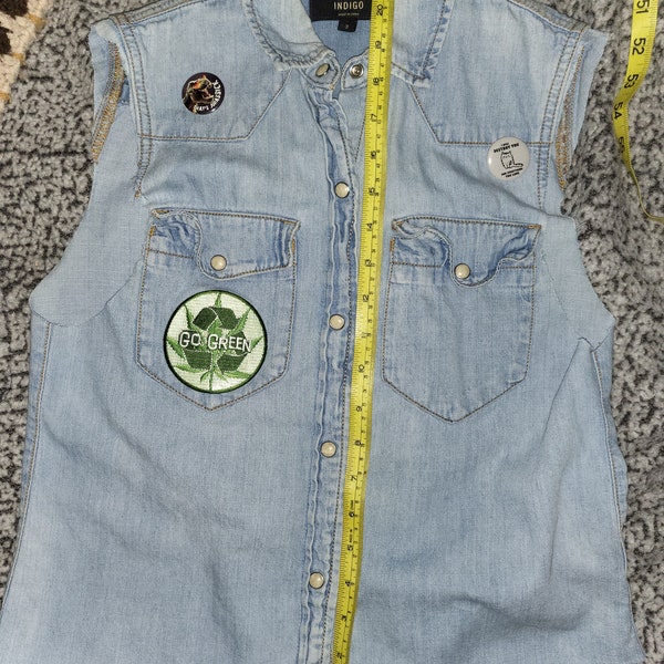 Medium, light blue denim vest pearl snap buttons hippie patches buttons upcycled punk diy small cutoff faded hippie go green cannabis patch