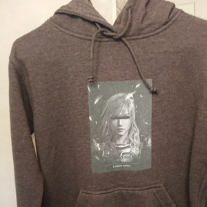 Lightning Hoodie Final Fantasy XIII dark gray pullover FF13 front pocket, drawstrings, unisex small/medium cotton blend grey sweatshirt