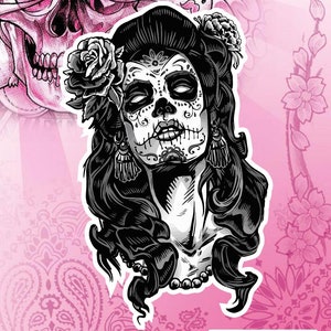 Naklejka Czaszka Cukrowa, Naklejka Czaszka Cukrowa, Naklejka Dia de los muertos, Naklejka Dzień Zmarłych, Czaszka Cukrowa, Kobieta Czaszka Cukrowa, Naklejka Halloween