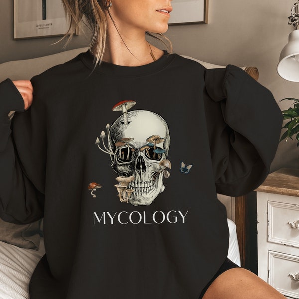 Mushroom and Skull, Fungi Sweater, Skull Sweatshirt, Mycology Shirt, Crewneck Sweater, Mushroom Gift, Mushroom Sweatshirt, Mycology