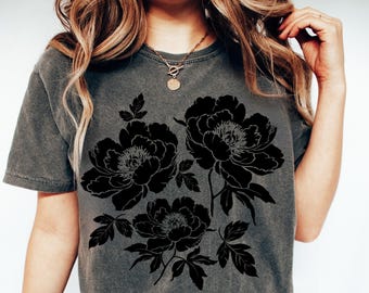 Vintage Linocut Peony T-Shirt: Comfort Colors Cottagecore Tee