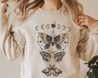 Celestial Moth Graphic Sweatshirt: Boho Moon Phase Shirt
