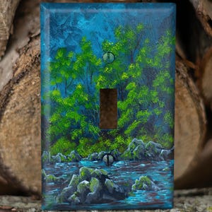 Könnte beinhalten: Eine handbemalte Lichtschalterabdeckung mit einer Landschaftsszene. Das Kunstwerk zeigt einen Fluss mit Felsen, grünen Bäumen und einem dunkelblauen Himmel. Die Abdeckung hat eine Öffnung für einen einzelnen Kippschalter.