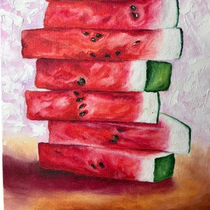 Oil painting watermelon | food |red fruits | light background| kitchen decor | watermelon | fruits | colorful and juicy | still life