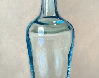 Original Oil Painting | Blue Glass Bottle Still Life