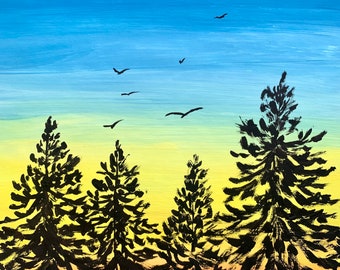 Gouache painting  | tries | nature | summer | forest | sunset | summer evening | sky | artwork