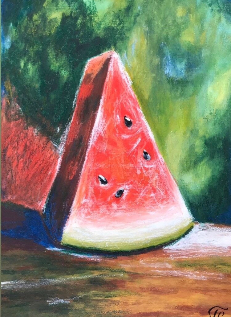 Gouache painting | oil pastels painting | mix painting | watermelon | home accessories | home decor | fruits | red fruits | artwork |