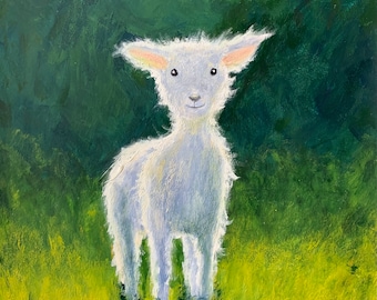 Gouache painting original| nature | summer | animals | landscape | green | baby goat | home wall decor | home accessories | artwork
