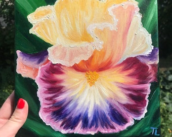 Dipinto a olio originale di iris / natura morta floreale, piccola tela artistica