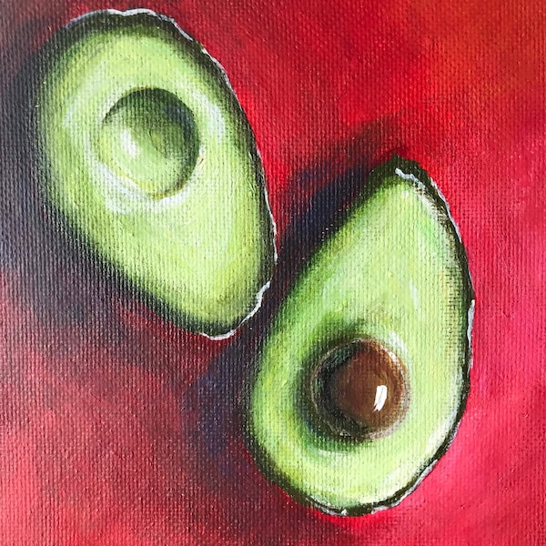 Avocado | acrylic | home accessories | painted avocado| fruits | kitchen accessories |fruit still life| kitchen art| red background | artwor