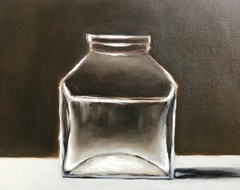 May include: A clear glass jar with a wide mouth and a square shape, painted in a realistic style on a brown background.