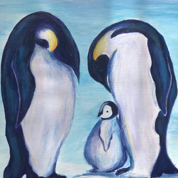 Peinture acrylique originale | pingouin | pingouins | famille de pingouins | animaux | pingouins peints | oeuvre d'art | fait main | acrylique | oeuvre d'art |