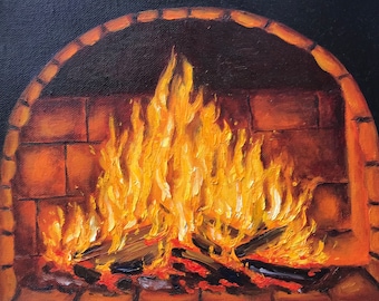 Original Fireplace Oil Painting Cozy Fire Flames Warm Home Wall Art