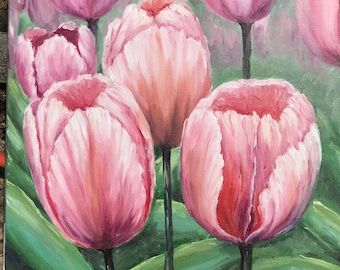 Tulipanes rosados, pintura al óleo / Naturaleza muerta floral, 30 x 30 cm