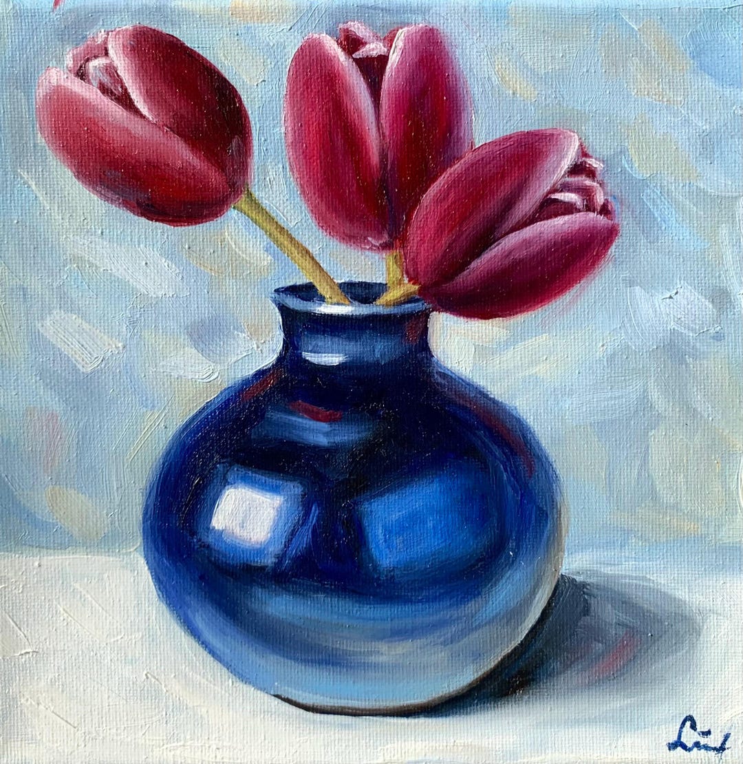 Original Red Tulips Oil Painting | Floral Still Life, 20x20 Cm - Etsy