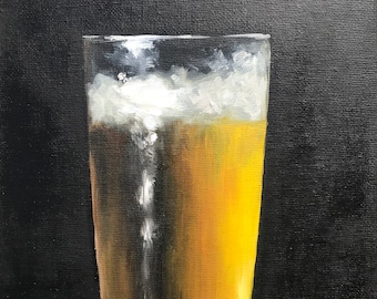 Golden Beer Oil Painting | Realistic Still Life Bar Art (18x24 cm)