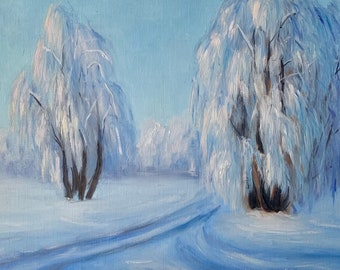 冬の風景 キャンバスに油絵、雪の森、雪の絵、冬のアートワーク