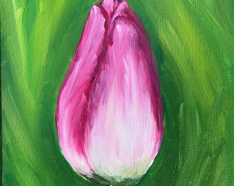 Pintura a óleo de tulipa rosa sobre papel | Arte de natureza morta floral