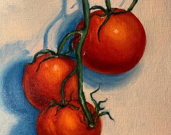 Original Tomato Still Life Oil Painting, Red Tomatoes on Vine, Kitchen Wall Art