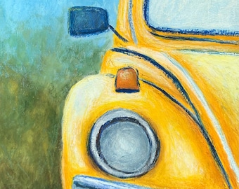 Original Gelber VW Käfer Gemälde | Gouache Ölpastell Kunstwerk