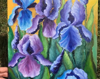 Peinture à l'huile originale d'iris | Décoration florale faite main (30 x 40 cm)