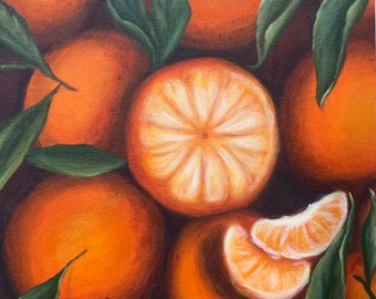 Puede incluir: Pintura al óleo de naranjas enteras y cortadas, con hojas verdes. Las naranjas son de un color naranja vibrante, y las hojas son de un verde intenso. Naturaleza muerta.