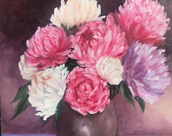 Original Oil Painting Pink Peonies Floral Bouquet Wall Art, Handmade Still Life Canvas