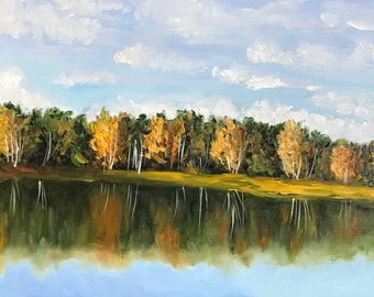 Original Autumn River Oil Painting | Golden Trees, Reflecting Water Landscape