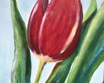 Pintura gouache original de tulipán rojo / Arte floral hecho a mano