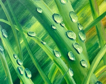 Gouache painting original | flowers | dew drops | dew | grass | green | nature | flowers | morning dew| landscape | home wall decor | summer