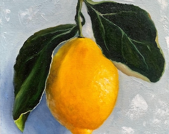 Original Oil Painting: Yellow Lemon with Leaves, Kitchen Wall Art