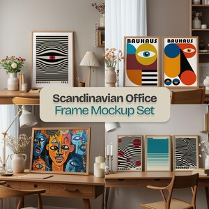 May include: A set of six minimalist framed prints with geometric and abstract designs in black, white, red, yellow, blue, and green. The frames are all wooden and have a natural finish. The prints are displayed on a wooden desk with a white background.