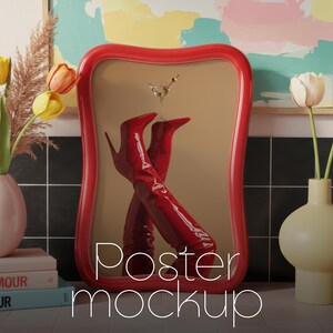 May include: A red, glossy poster mockup featuring a pair of red knee-high boots and a martini glass. The boots are reflected in the mirror. The words "Poster mockup" are written in white. A vase of tulips and a vase of flowers are on either side.