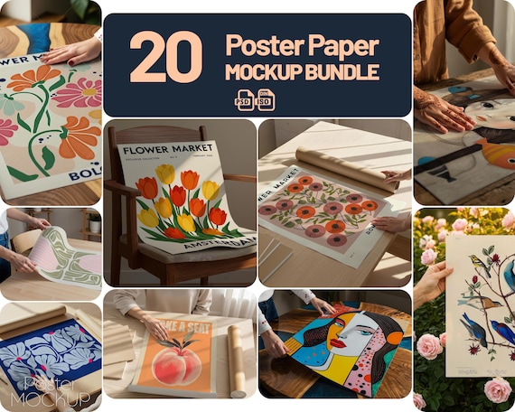 Poster Paper Mockup Bundle, Realistic PSD Scenes (Digital Download)