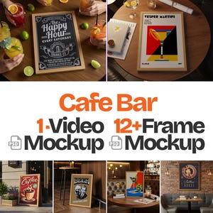カフェ＆バーフレームモックアップセット - アートプリント、ポスター、グラフィックデザイン、ウォールアートモックアップ用の高品質フレーム12個＋15秒のビデオモックアップ