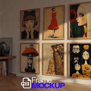 May include: Six framed art prints with whimsical illustrations. The artwork features portraits of women and families, a woman in a red dress, and a girl with a mushroom hat. The frames are made of light-colored wood.