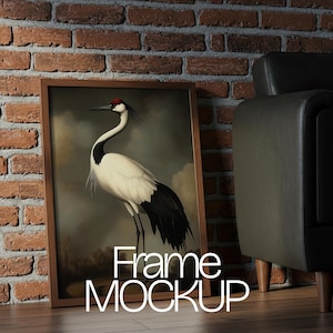 Industriell vardagsrumsaffischrammodell: Tegelvägg, lädersoffa (PSD)