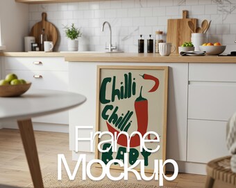 Farmhouse Kitchen Poster Frame Mockup: Wooden Frame PSD Template (Digital Download)