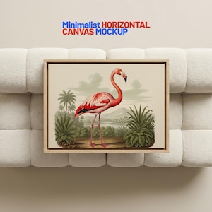 Peut inclure: Une impression sur toile encadrée avec une illustration de flamant rose. L'œuvre présente un flamant rose avec un long cou et des jambes, sur fond de plantes tropicales et de paysage. Le texte "Minimalist HORIZONTAL CANVAS MOCKUP" est en haut.