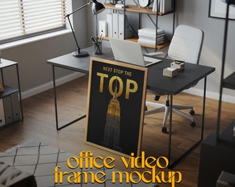 Mockup geanimeerde videolijst: verticale muurkunst, kantoorinterieur (psd-download)