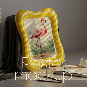 Poster Mockup: Boho Wavy Yellow Frame Mockup, Sunlit Artist Studio Scene PSD (Digital Download)