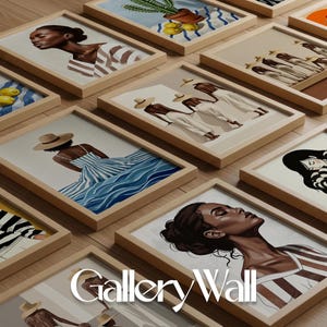 May include: A selection of framed art prints showcasing illustrations of women. The artwork includes portraits and figures in striped clothing and hats, with a palette of browns, blues, and whites. The brand name "Gallery Wall" is displayed in the image.