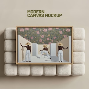 May include: A framed canvas mockup featuring a painting with a floral wallpaper background and three figures in white pants and straw hats. The text "MODERN CANVAS MOCKUP" is at the top.