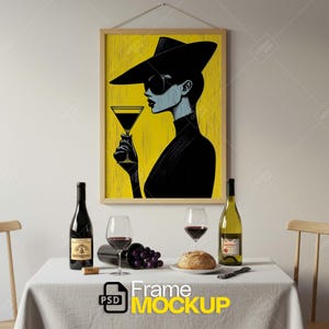 Elegancki pionowy drewniany ramowy makiet, scena jadalni z winem, wyświetlacz dekoracji ściennych w kuchni, aukcja Etsy a1 a2 a3 szablon makiety plakatu