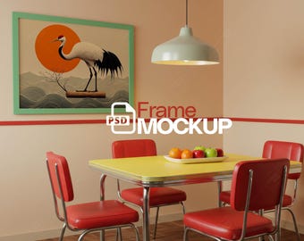 Maqueta de marco de restaurante retro: Exhibición artística de restaurante de mediados de siglo (Descarga digital PSD)