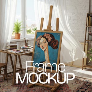 May include: A wooden artist's easel displays a framed painting of a woman with flowers in her hair. The painting is set in a bright room with a window, a wooden table with art supplies, and a patterned rug. The text "Frame MOCKUP" is overlaid on the image.